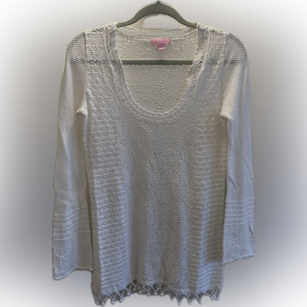 Lilly Pulitzer white lace long sleeve tunic. Tassel fringe